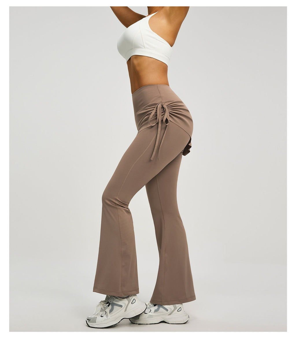 Women's High Waist Skirted Flare Yoga Pants with Adjustable Ruched Drawstring (XL size)- Light brown Faux Two Piece Bootcut Leggings for Pilates, Gym Workout, Running, Dance and Everyday Wear