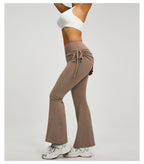 Women's High Waist Skirted Flare Yoga Pants with Adjustable Ruched Drawstring (XL size)- Light brown Faux Two Piece Bootcut Leggings for Pilates, Gym Workout, Running, Dance and Everyday Wear