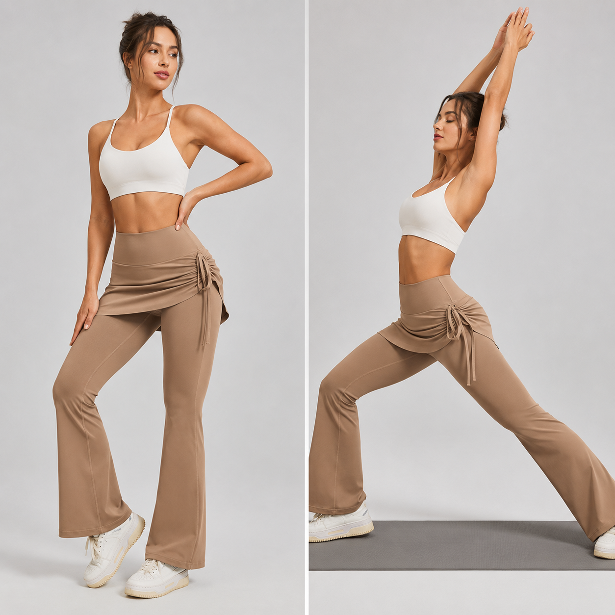 Women's High Waist Skirted Flare Yoga Pants with Adjustable Ruched Drawstring (XXL size)- Light brown Faux Two Piece Bootcut Leggings for Pilates, Gym Workout, Running, Dance and Everyday Wear