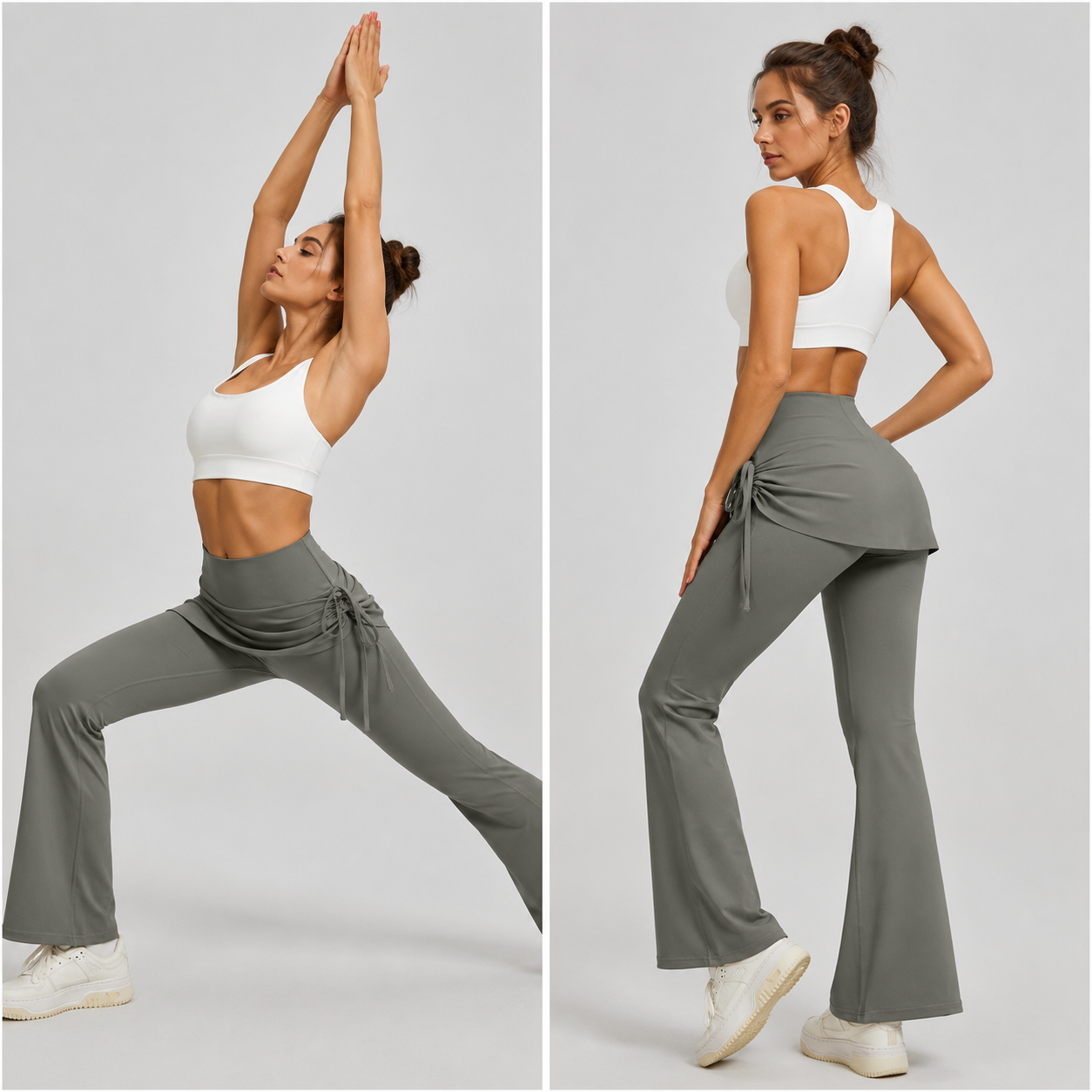 Women's High Waist Skirted Flare Yoga Pants with Adjustable Ruched Drawstring (S size)- Grey Faux Two Piece Bootcut Leggings for Pilates, Gym Workout, Running, Dance and Everyday Wear