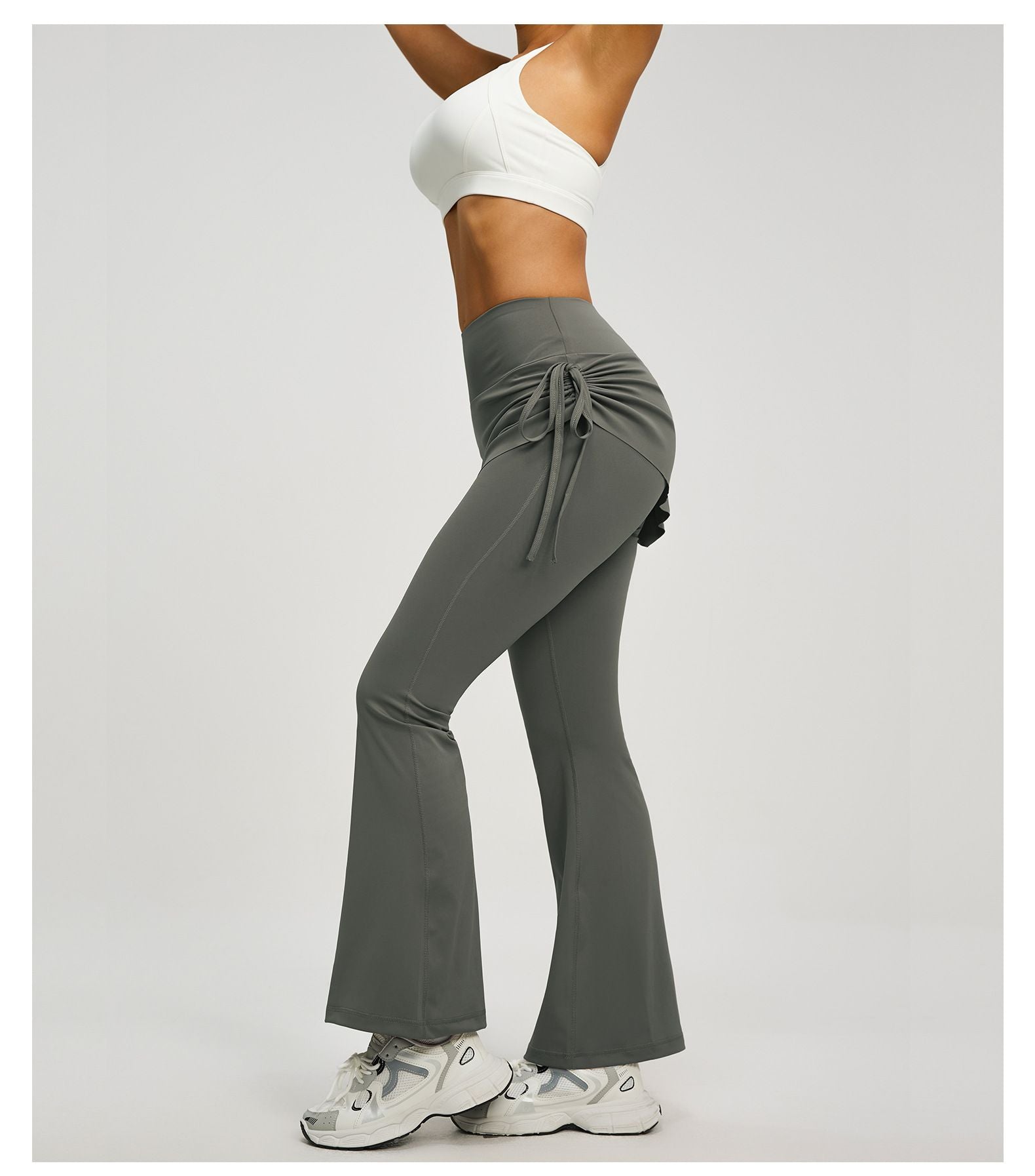 Women's High Waist Skirted Flare Yoga Pants with Adjustable Ruched Drawstring (XL size)- Grey Faux Two Piece Bootcut Leggings for Pilates, Gym Workout, Running, Dance and Everyday Wear