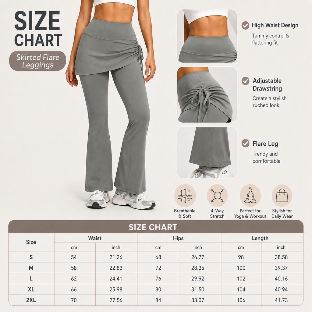 Women's High Waist Skirted Flare Yoga Pants with Adjustable Ruched Drawstring (XL size)- Grey Faux Two Piece Bootcut Leggings for Pilates, Gym Workout, Running, Dance and Everyday Wear