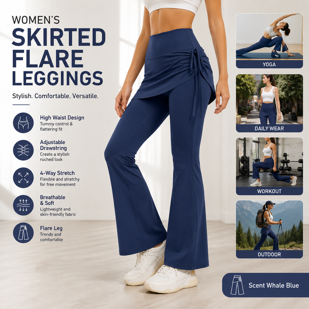 Women's High Waist Skirted Flare Yoga Pants with Adjustable Ruched Drawstring (S size)- Blue Faux Two Piece Bootcut Leggings for Pilates, Gym Workout, Running, Dance and Everyday Wear