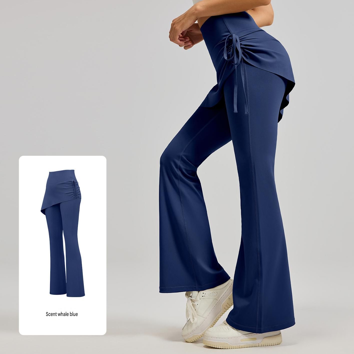Women's High Waist Skirted Flare Yoga Pants with Adjustable Ruched Drawstring (S size)- Blue Faux Two Piece Bootcut Leggings for Pilates, Gym Workout, Running, Dance and Everyday Wear