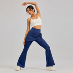 Women's High Waist Skirted Flare Yoga Pants with Adjustable Ruched Drawstring (M size)- Blue Faux Two Piece Bootcut Leggings for Pilates, Gym Workout, Running, Dance and Everyday Wear