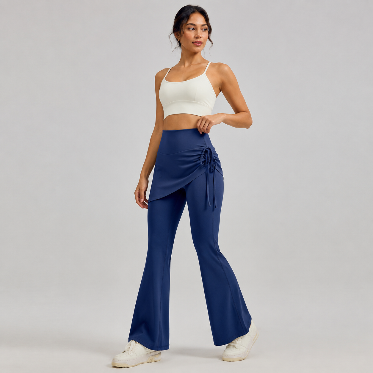 Women's High Waist Skirted Flare Yoga Pants with Adjustable Ruched Drawstring (M size)- Blue Faux Two Piece Bootcut Leggings for Pilates, Gym Workout, Running, Dance and Everyday Wear