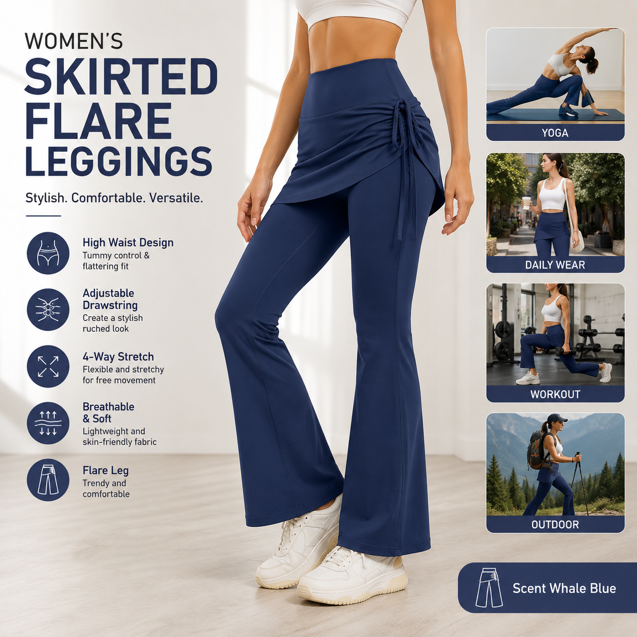 Women's High Waist Skirted Flare Yoga Pants with Adjustable Ruched Drawstring (XL size)- Blue Faux Two Piece Bootcut Leggings for Pilates, Gym Workout, Running, Dance and Everyday Wear