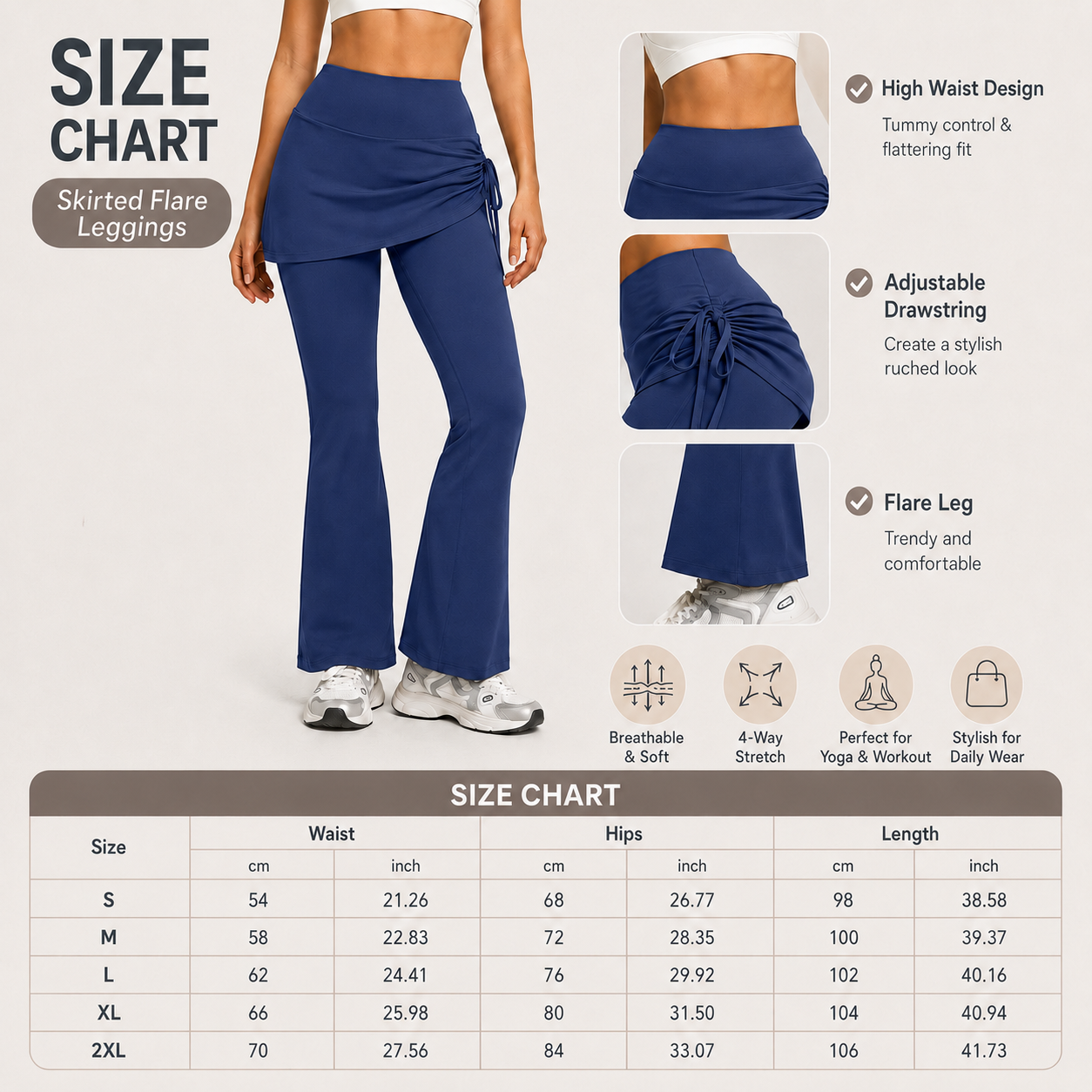Women's High Waist Skirted Flare Yoga Pants with Adjustable Ruched Drawstring (XL size)- Blue Faux Two Piece Bootcut Leggings for Pilates, Gym Workout, Running, Dance and Everyday Wear