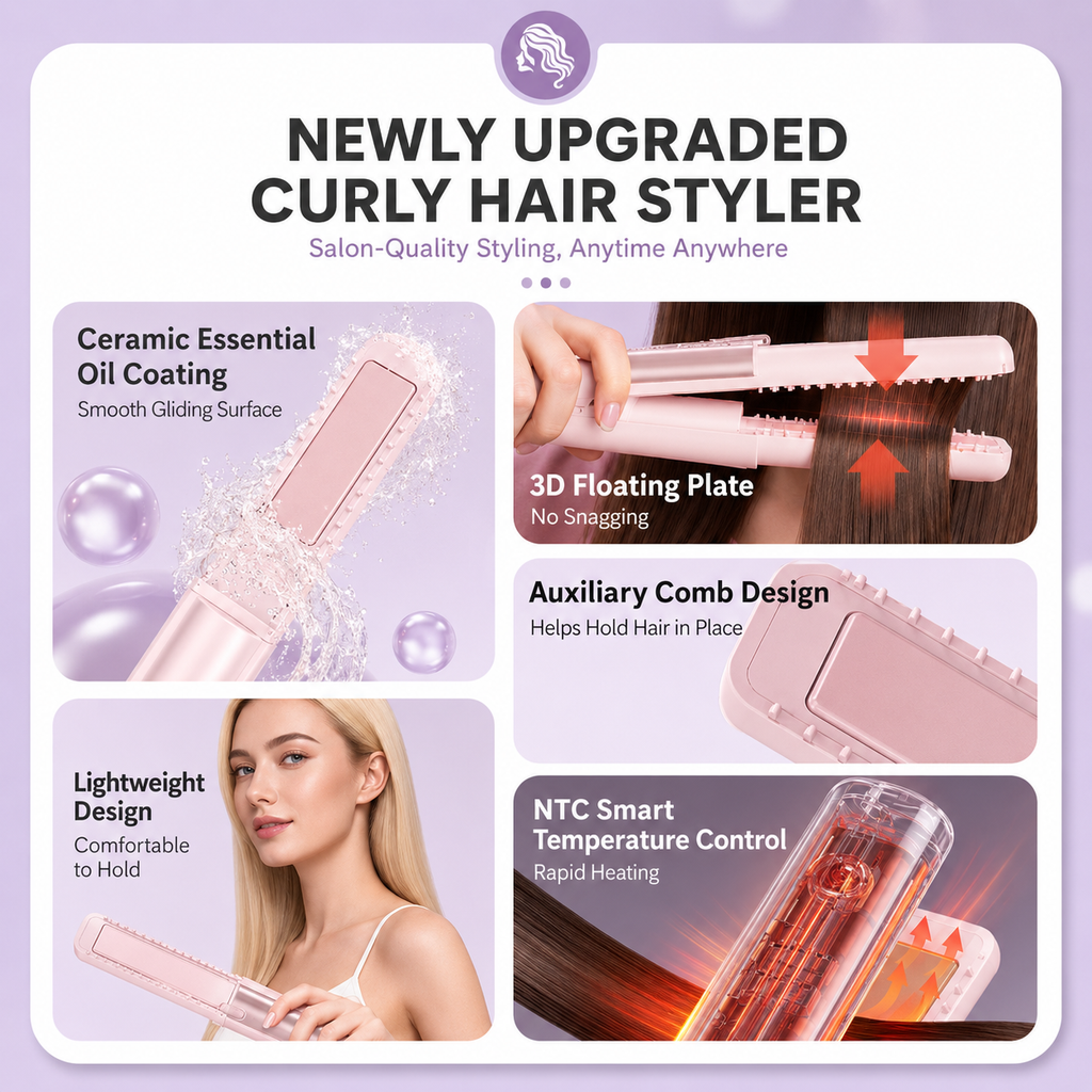 Brown Portable Cordless Hair Straightener Brush Rechargeable Mini Hair Styling Comb, USB-C Fast Charging, 4 Temperature Settings 140-220°C, Anti-Scald Design, Travel Hair Straightener for Home & On-the-Go Styling