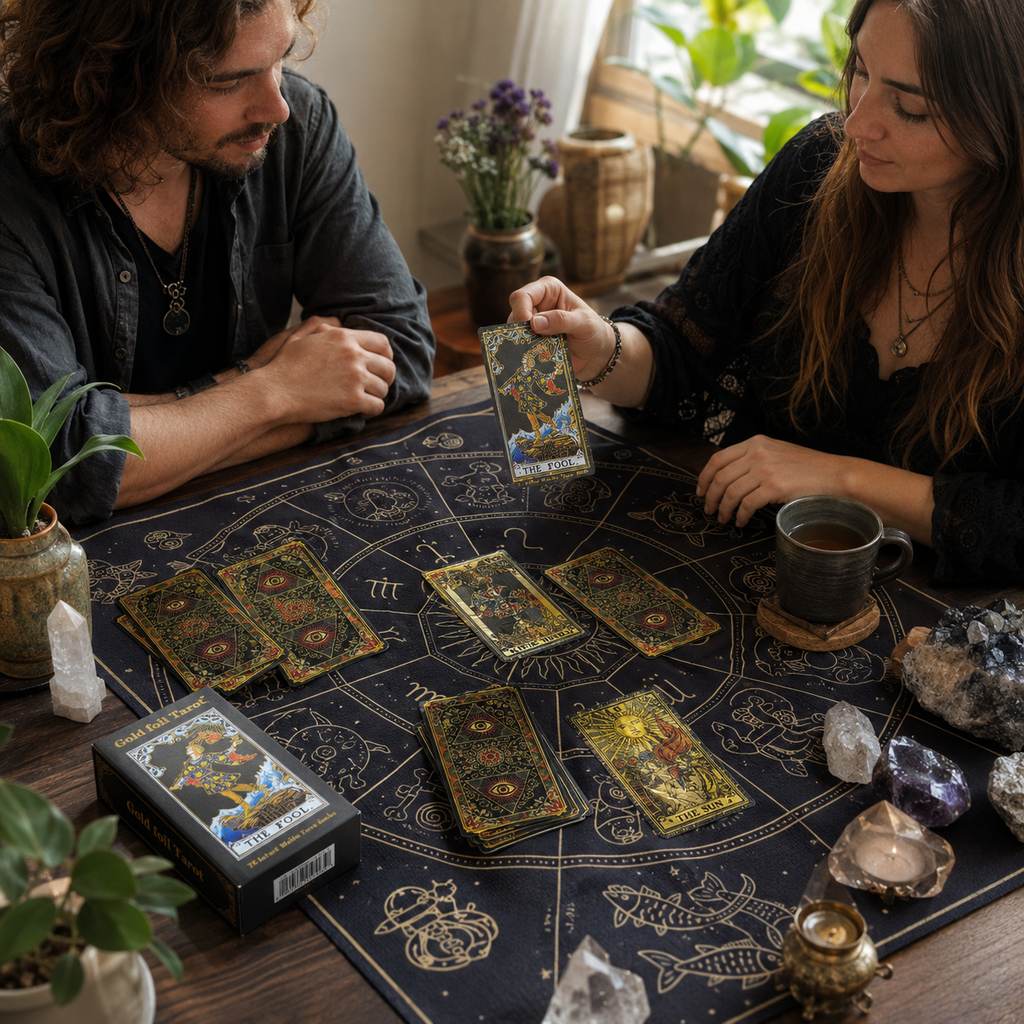 Gold Foil Tarot Cards Gilded Hexagram Paper Box Edition Waterproof PVC Plastic 78 Card Tarot Deck, Classic Divination Oracle Cards, Durable Shuffle Friendly Mystic Reading Gift for Beginners and Collectors