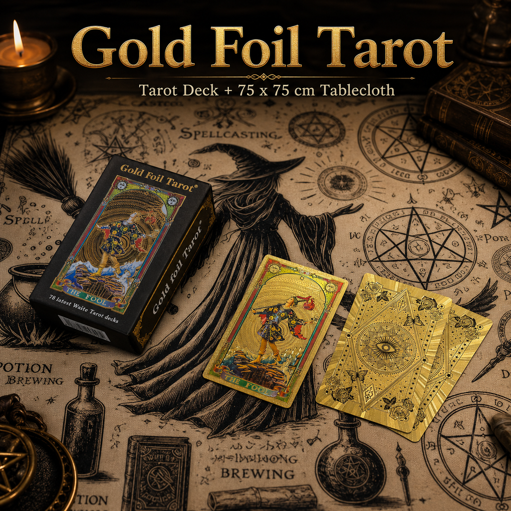 Gold Foil Eye Box Tarot Deck with 75 x 75 cm Witch Pattern Tarot Tablecloth, Waterproof PVC 78-Card Waite Tarot Cards, Gold Foil Divination Deck, Complete Tarot Reading Gift Set