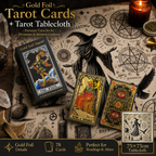 Gold Foil Tarot Cards with Hexagram Gift Box & 75 × 75 cm Witch Tarot Tablecloth Set, Waterproof PVC Waite Tarot Deck, 78 Gilded Cards, Divination Reading Bundle, Spiritual Gift Set