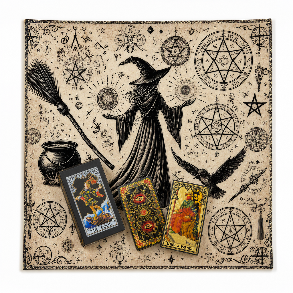 Gold Foil Tarot Cards with Hexagram Gift Box & 75 × 75 cm Witch Tarot Tablecloth Set, Waterproof PVC Waite Tarot Deck, 78 Gilded Cards, Divination Reading Bundle, Spiritual Gift Set
