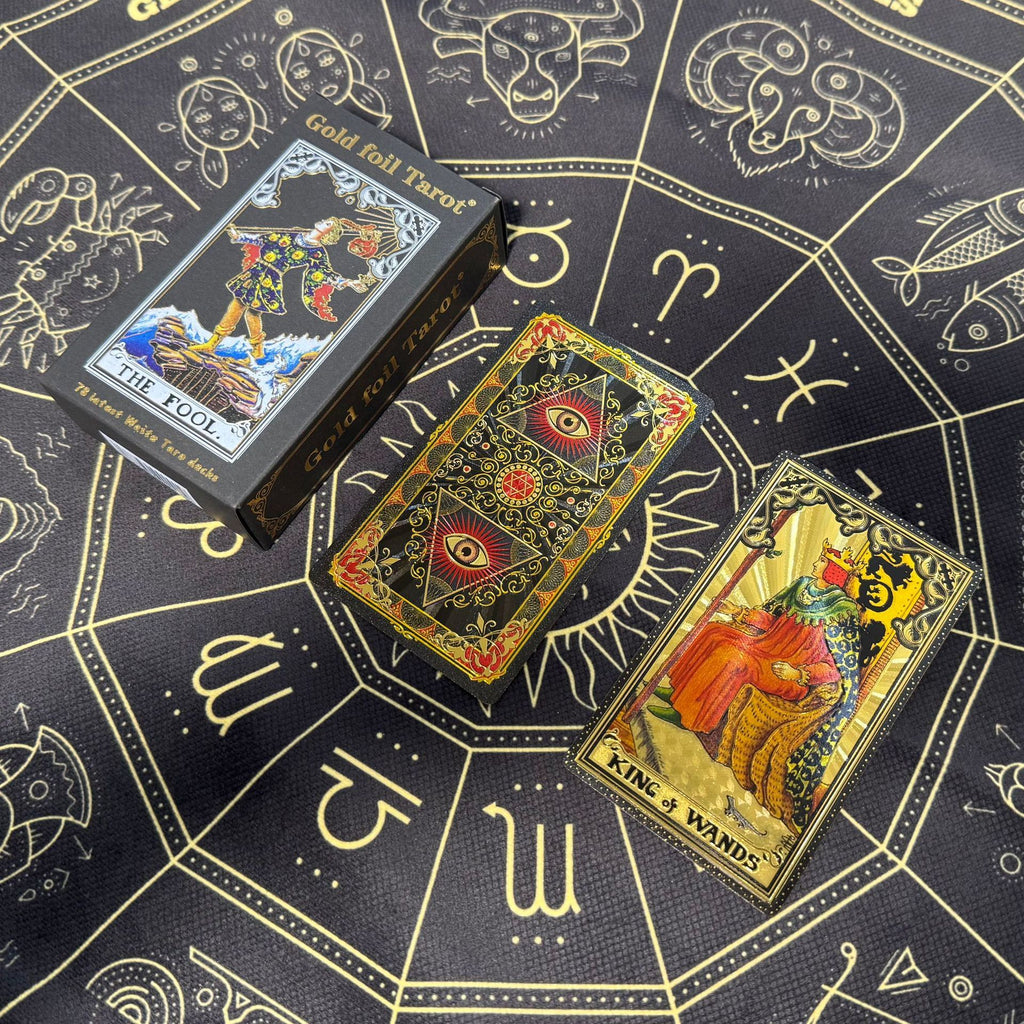 Gold Foil Tarot Cards with Hexagram Gift Box & 75 × 75 cm Witch Tarot Tablecloth Set, Waterproof PVC Waite Tarot Deck, 78 Gilded Cards, Divination Reading Bundle, Spiritual Gift Set