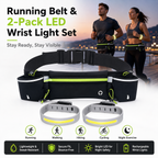 Green Running Belt and 2 Pack LED Wrist Light Set Outdoor Sports Waist Bag with Water Bottle Holder Reflective Running Belt and Rechargeable Safety Wrist Lights for Night Running Hiking Cycling Fitness
