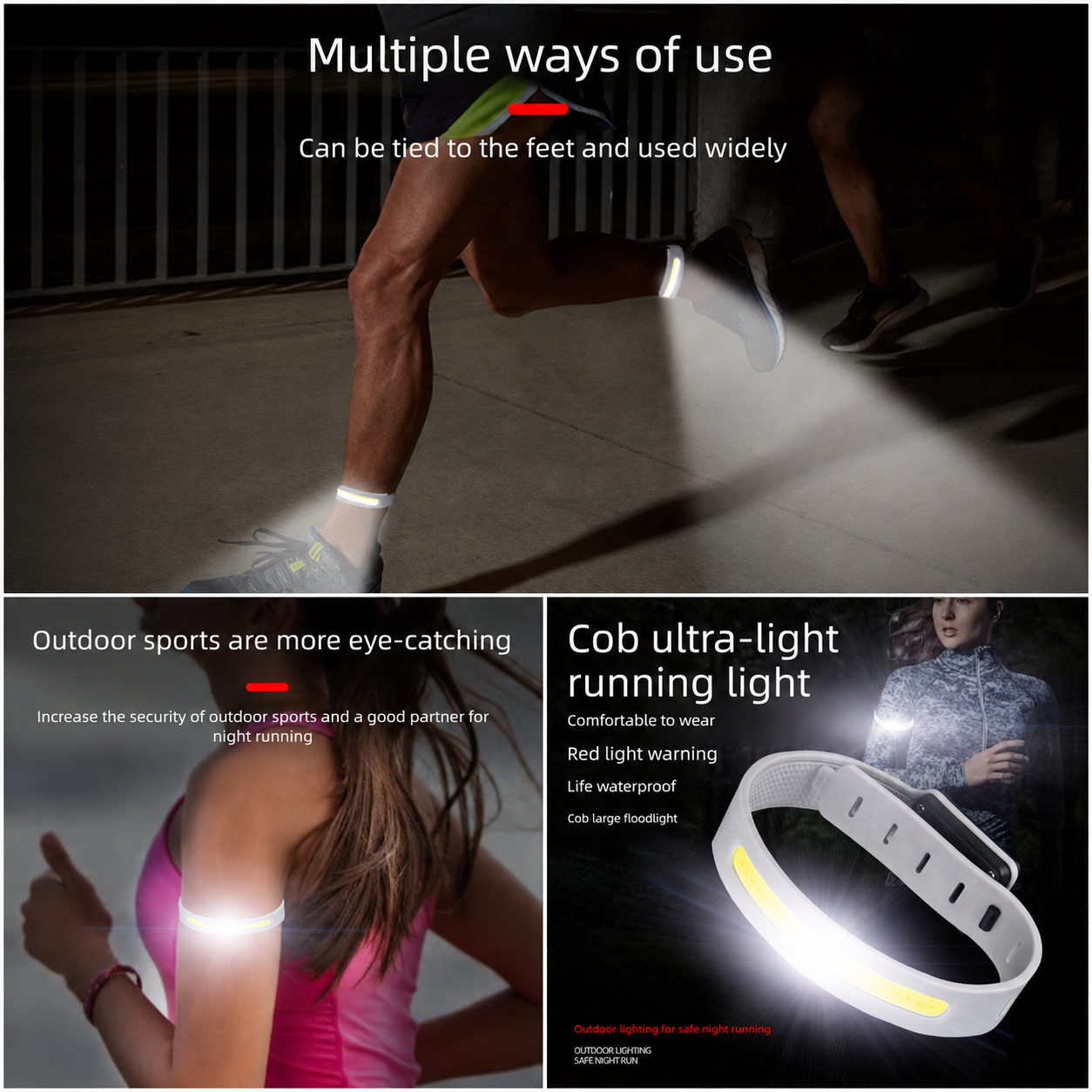 Black Running Belt and 2 Pack LED Wrist Light Set Outdoor Sports Waist Bag with Water Bottle Holder Reflective Running Belt and Rechargeable Safety Wrist Lights for Night Running Hiking Cycling Fitness