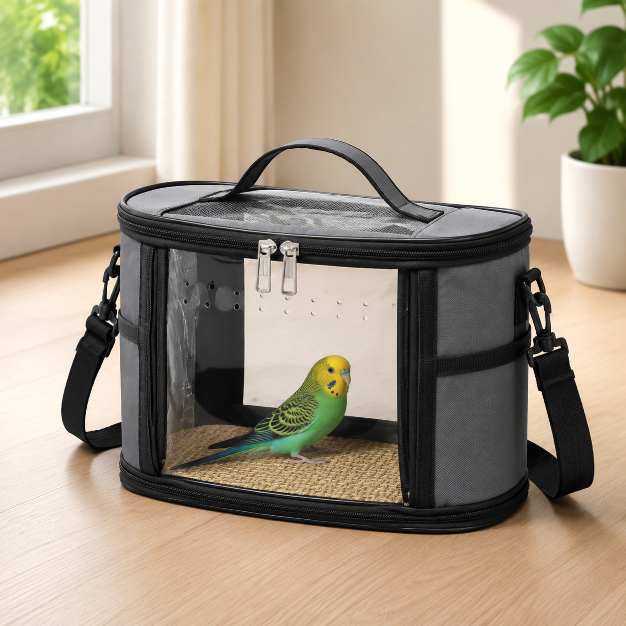 Large Small Animal Travel Bag (33*22.5*23cm) - Gray small nylon and plastic portable pet bag with shoulder strap and handle, suitable for parrots, hamsters, guinea pigs and rabbits.