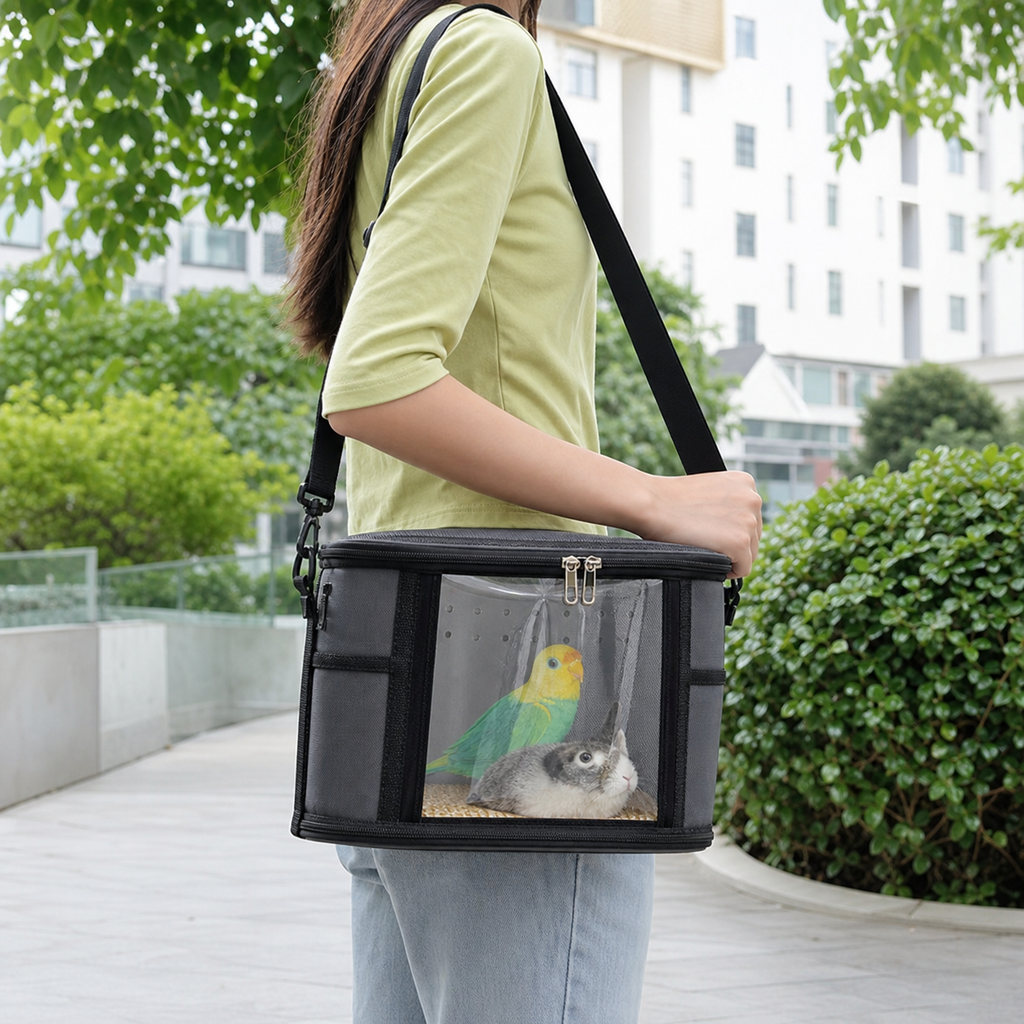 Large Small Animal Travel Bag (33*22.5*23cm) - Gray small nylon and plastic portable pet bag with shoulder strap and handle, suitable for parrots, hamsters, guinea pigs and rabbits.