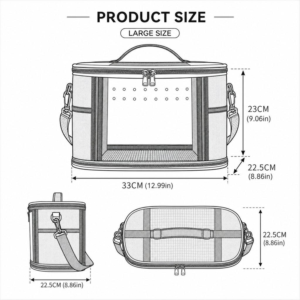 Large Small Animal Travel Bag (33*22.5*23cm) - Gray small nylon and plastic portable pet bag with shoulder strap and handle, suitable for parrots, hamsters, guinea pigs and rabbits.