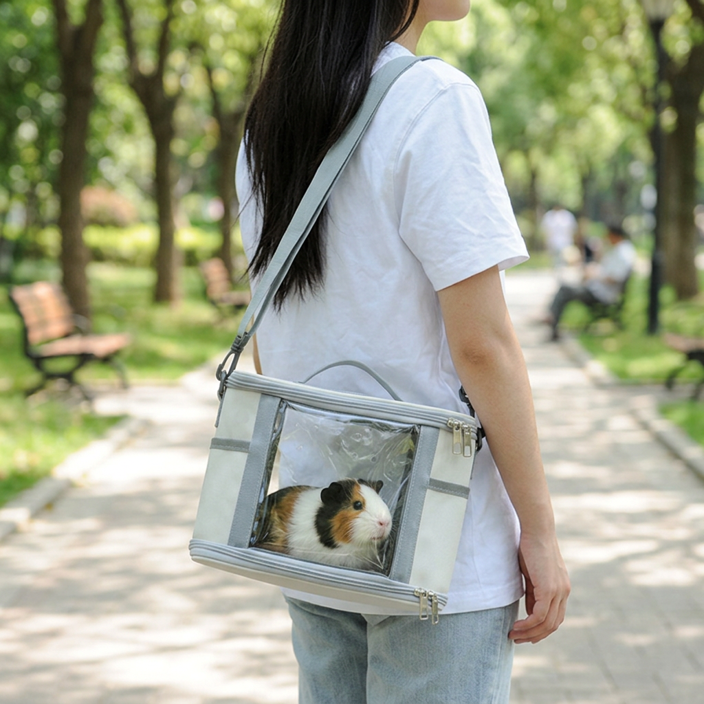 Large Small Animal Travel Bag (33*22.5*23cm) - Off-White small nylon and plastic portable pet bag with shoulder strap and handle, suitable for parrots, hamsters, guinea pigs and rabbits.