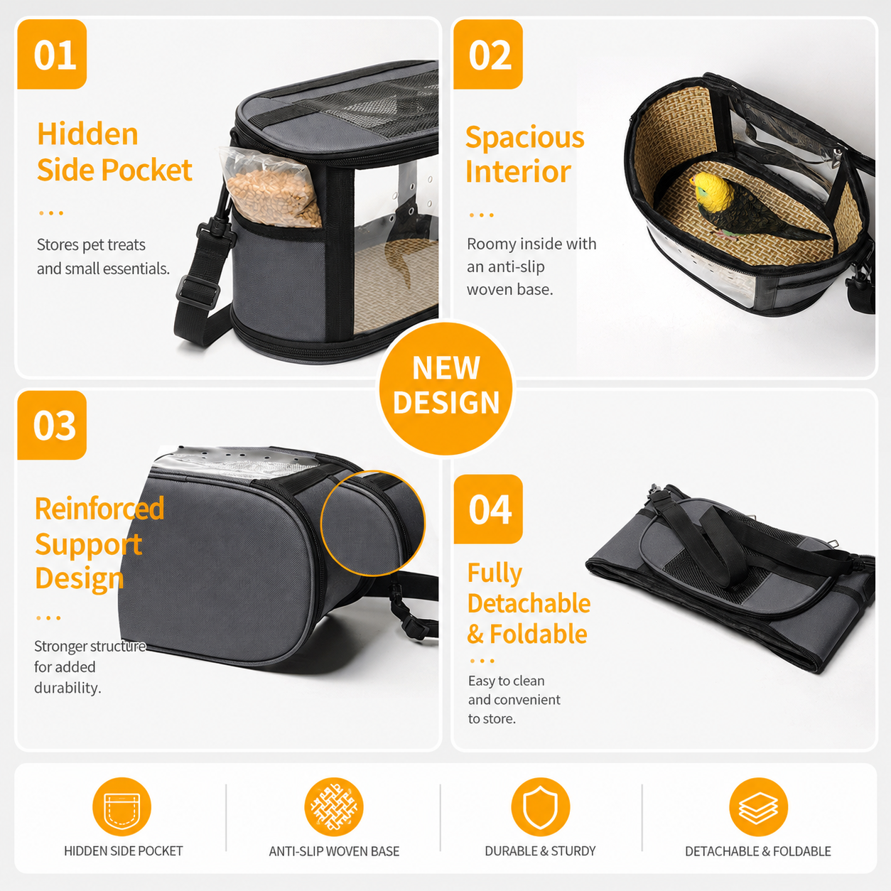 Large Small Animal Travel Bag (33*22.5*23cm) - Off-White small nylon and plastic portable pet bag with shoulder strap and handle, suitable for parrots, hamsters, guinea pigs and rabbits.