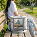 Small Animal Travel Bag(26*17*19cm) - Off-White small nylon and plastic portable pet bag with shoulder strap and handle, suitable for parrots, hamsters, guinea pigs and rabbits.