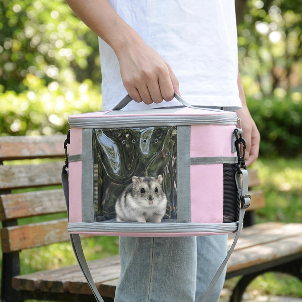 Large Small Animal Travel Bag (33*22.5*23cm) - Pink small nylon and plastic portable pet bag with shoulder strap and handle, suitable for parrots, hamsters, guinea pigs and rabbits.