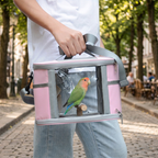 Small Animal Travel Bag(26*17*19cm) - Pink small nylon and plastic portable pet bag with shoulder strap and handle, suitable for parrots, hamsters, guinea pigs and rabbits.