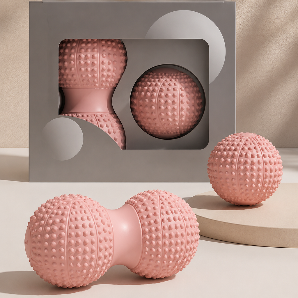 Peanut Massage Ball Set - Pink TPR Dual and Single Trigger Point Balls, Portable Self Massage for Feet, Arches, Neck, Shoulders, Back and Fitness Recovery