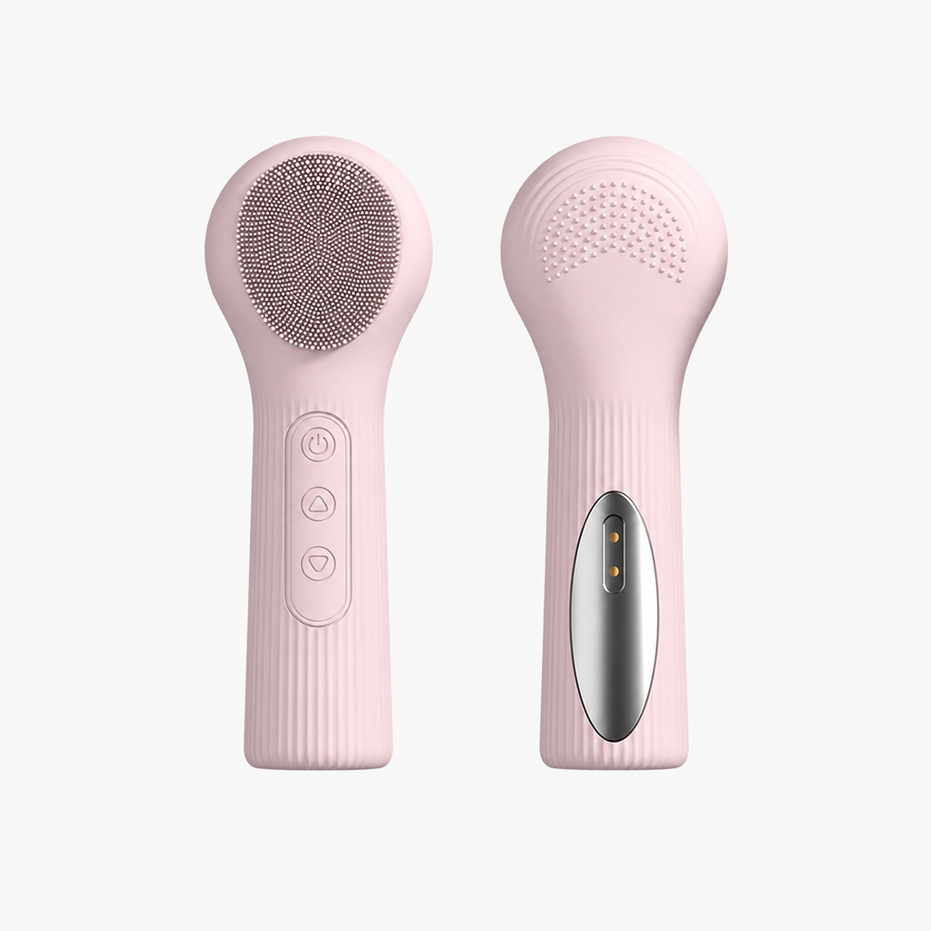 Pink Heated Silicone Facial Cleansing Brush - Dual Sided, Rechargeable, 3 Vibration Levels, Magnetic Charging for Daily Skincare, Bathroom and Travel