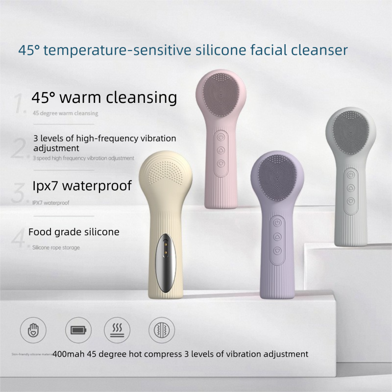 Pink Heated Silicone Facial Cleansing Brush - Dual Sided, Rechargeable, 3 Vibration Levels, Magnetic Charging for Daily Skincare, Bathroom and Travel