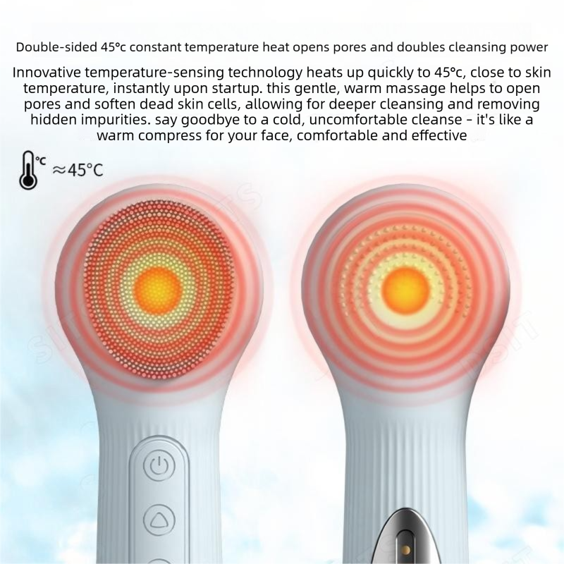 Pink Heated Silicone Facial Cleansing Brush - Dual Sided, Rechargeable, 3 Vibration Levels, Magnetic Charging for Daily Skincare, Bathroom and Travel