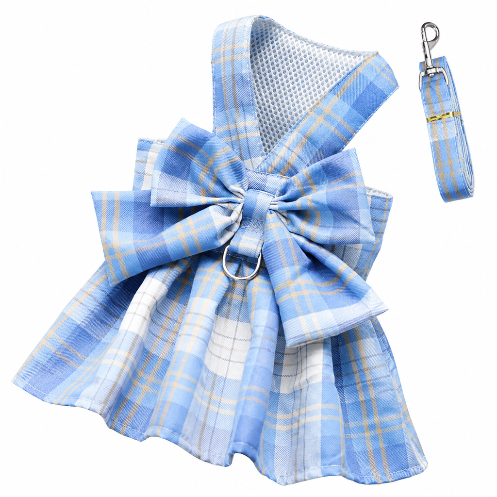 Blue Plaid Pet Harness Dress with Leash for Small Dogs and Cats XS Size Bow Design Vest Outfit Walking Accessory