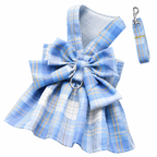 Blue Plaid Pet Harness Dress with Leash for Small Dogs and Cats S Size Bow Design Vest Outfit Walking Accessory