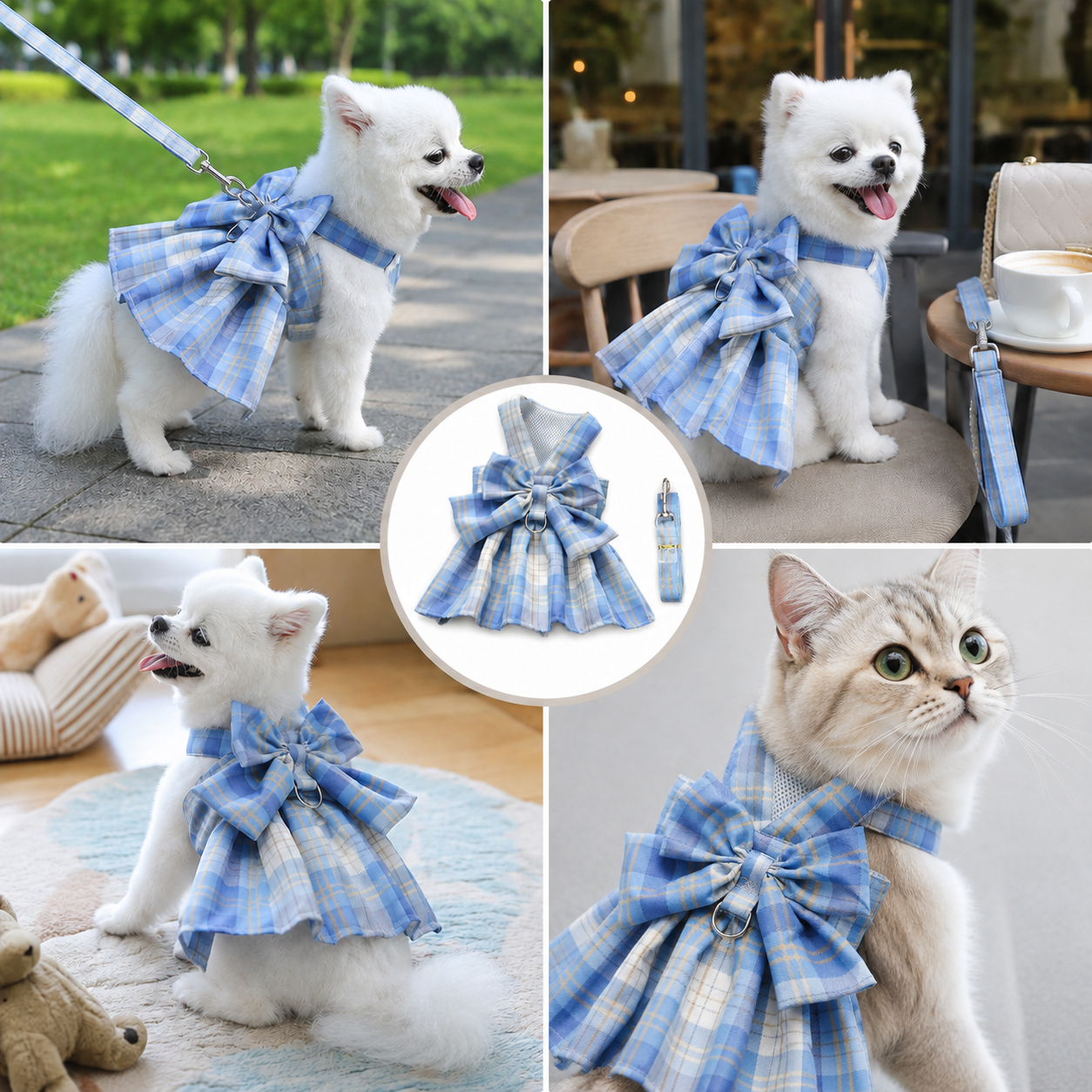Blue Plaid Pet Harness Dress with Leash for Small Dogs and Cats L Size Bow Design Vest Outfit Walking Accessory