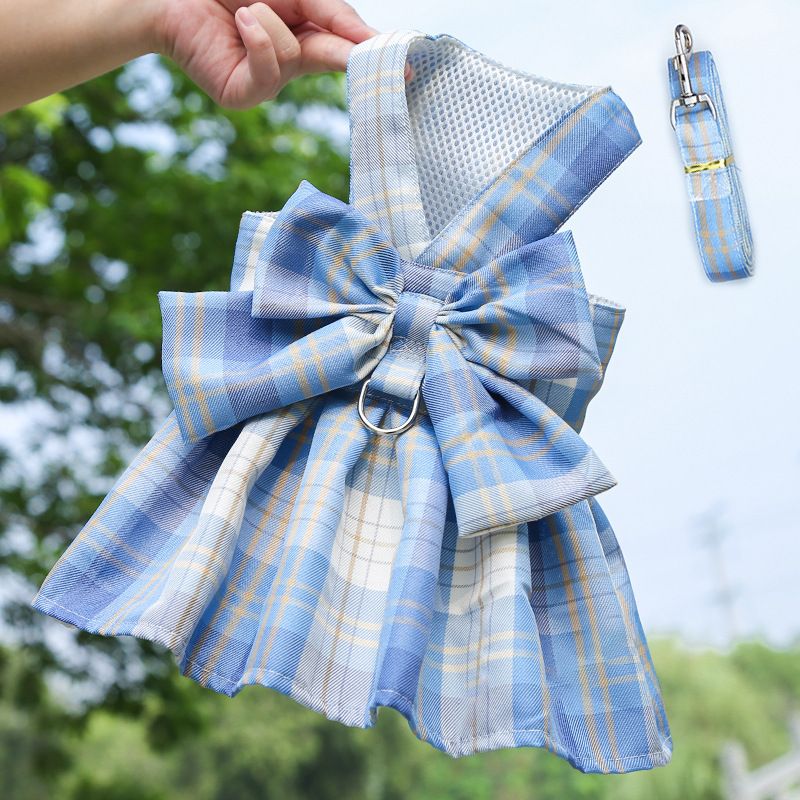 Blue Plaid Pet Harness Dress with Leash for Small Dogs and Cats L Size Bow Design Vest Outfit Walking Accessory