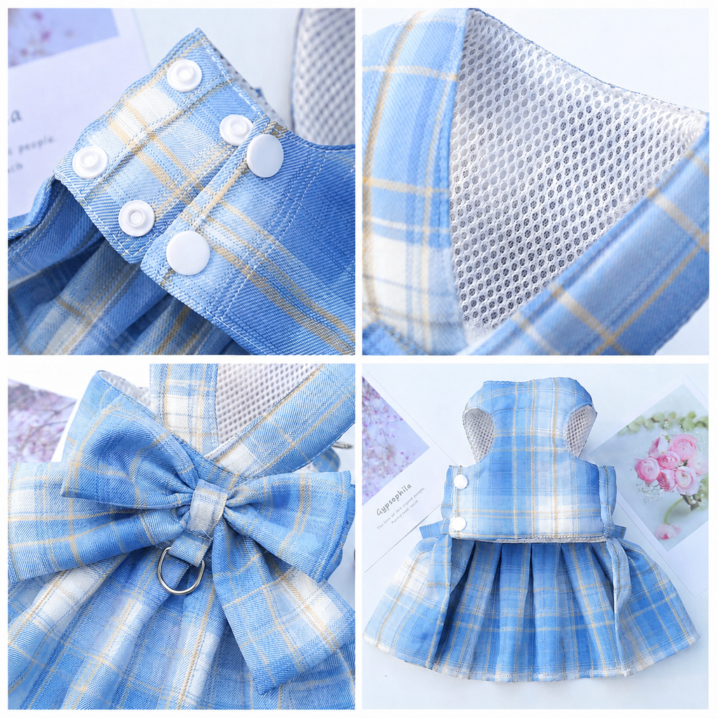 Blue Plaid Pet Harness Dress with Leash for Small Dogs and Cats XXL Size Bow Design Vest Outfit Walking Accessory