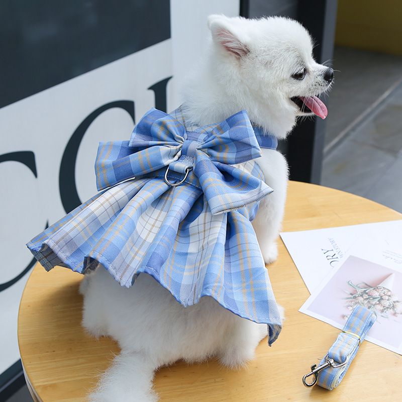 Blue Plaid Pet Harness Dress with Leash for Small Dogs and Cats XXL Size Bow Design Vest Outfit Walking Accessory