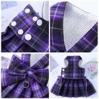 Dark Purple Plaid Pet Harness Dress with Leash for Small Dogs and Cats XS Size Bow Design Vest Outfit Walking Accessory