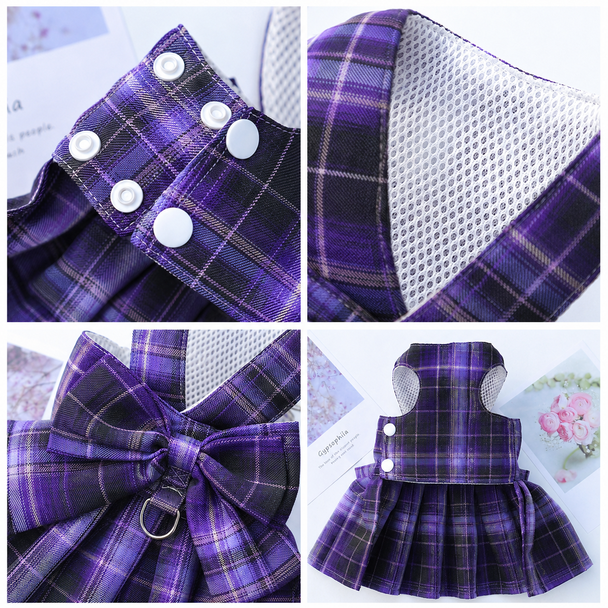 Dark Purple Plaid Pet Harness Dress with Leash for Small Dogs and Cats XS Size Bow Design Vest Outfit Walking Accessory