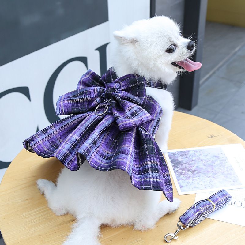 Dark Purple Plaid Pet Harness Dress with Leash for Small Dogs and Cats S Size Bow Design Vest Outfit Walking Accessory