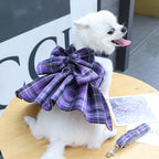 Dark Purple Plaid Pet Harness Dress with Leash for Small Dogs and Cats S Size Bow Design Vest Outfit Walking Accessory