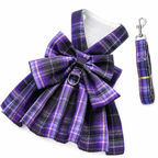 Dark Purple Plaid Pet Harness Dress with Leash for Small Dogs and Cats L Size Bow Design Vest Outfit Walking Accessory