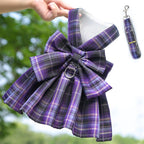 Dark Purple Plaid Pet Harness Dress with Leash for Small Dogs and Cats L Size Bow Design Vest Outfit Walking Accessory