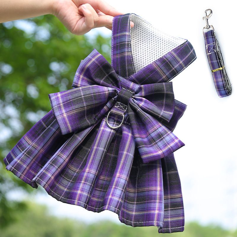 Dark Purple Plaid Pet Harness Dress with Leash for Small Dogs and Cats L Size Bow Design Vest Outfit Walking Accessory