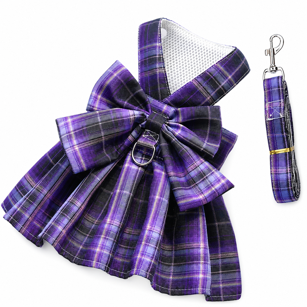 Dark Purple Plaid Pet Harness Dress with Leash for Small Dogs and Cats XXL Size Bow Design Vest Outfit Walking Accessory