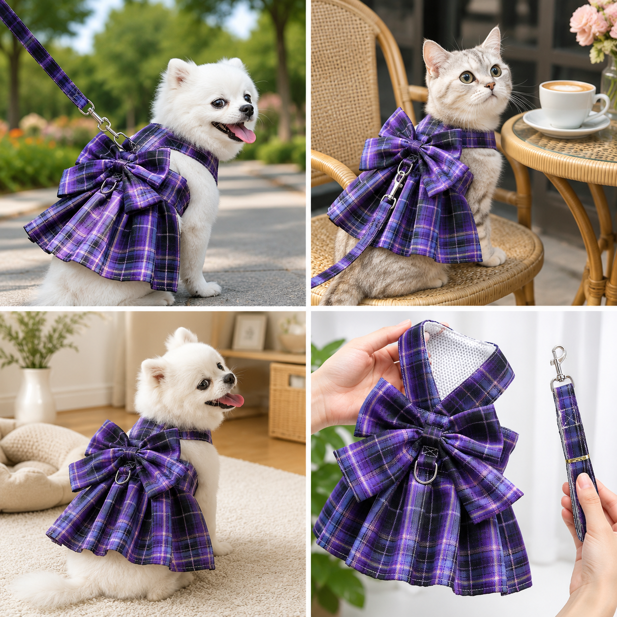 Dark Purple Plaid Pet Harness Dress with Leash for Small Dogs and Cats XXL Size Bow Design Vest Outfit Walking Accessory