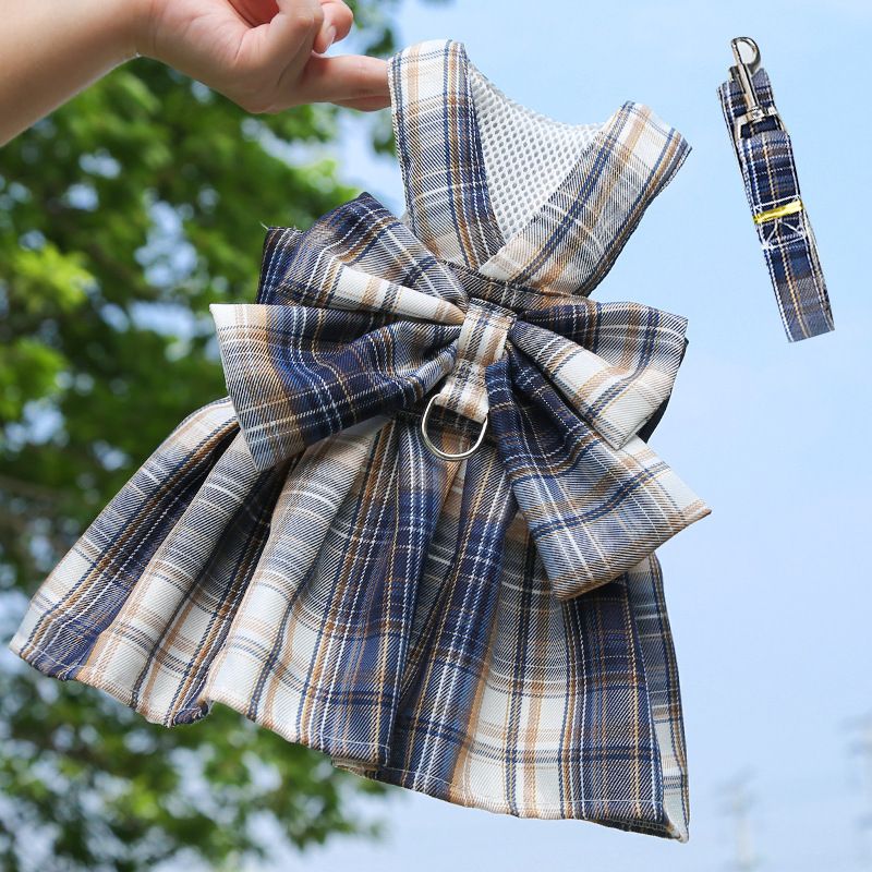 Navy Blue Plaid Pet Harness Dress with Leash for Small Dogs and Cats S Size Bow Design Vest Outfit Walking Accessory
