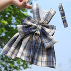 Navy Blue Plaid Pet Harness Dress with Leash for Small Dogs and Cats M Size Bow Design Vest Outfit Walking Accessory
