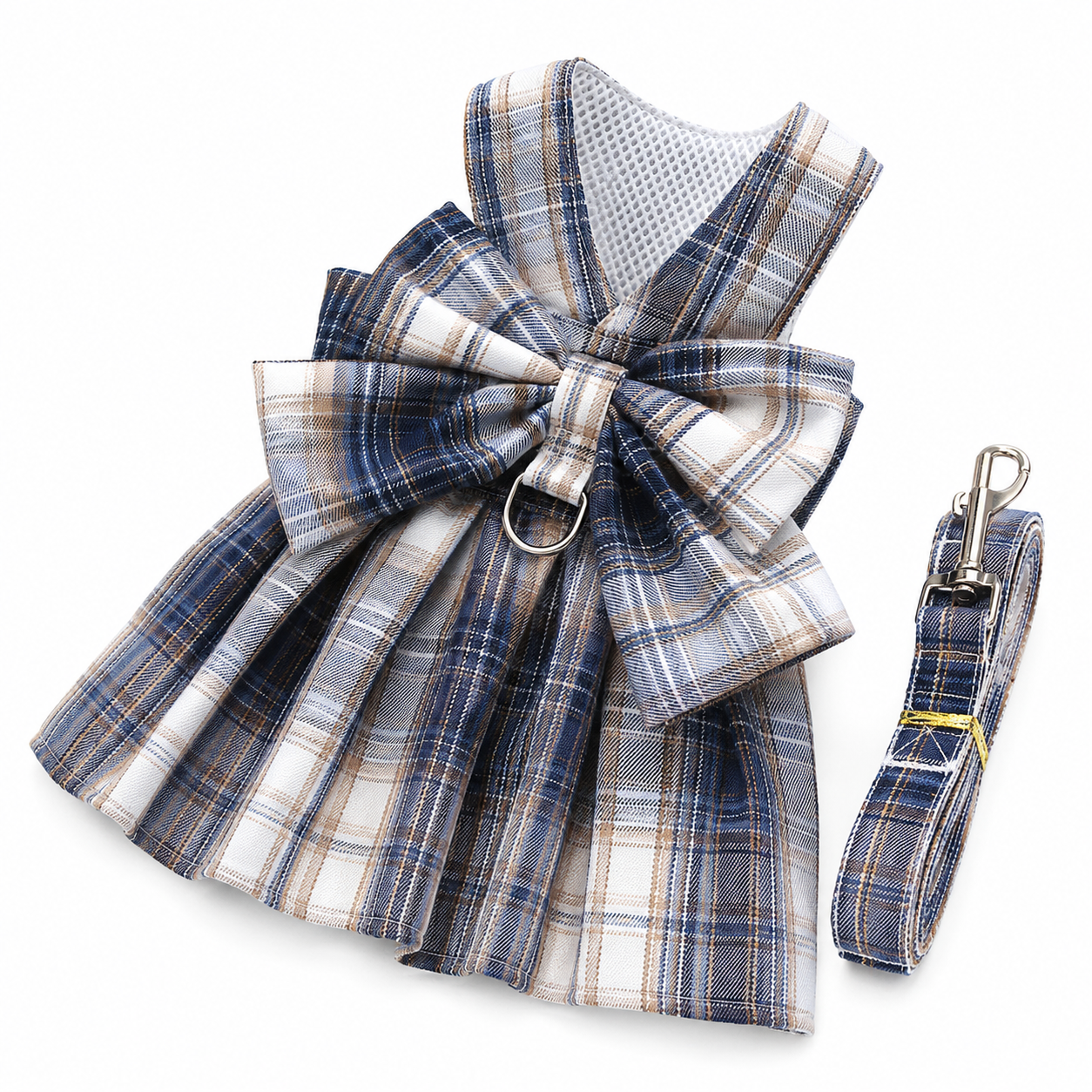 Navy Blue Plaid Pet Harness Dress with Leash for Small Dogs and Cats L Size Bow Design Vest Outfit Walking Accessory